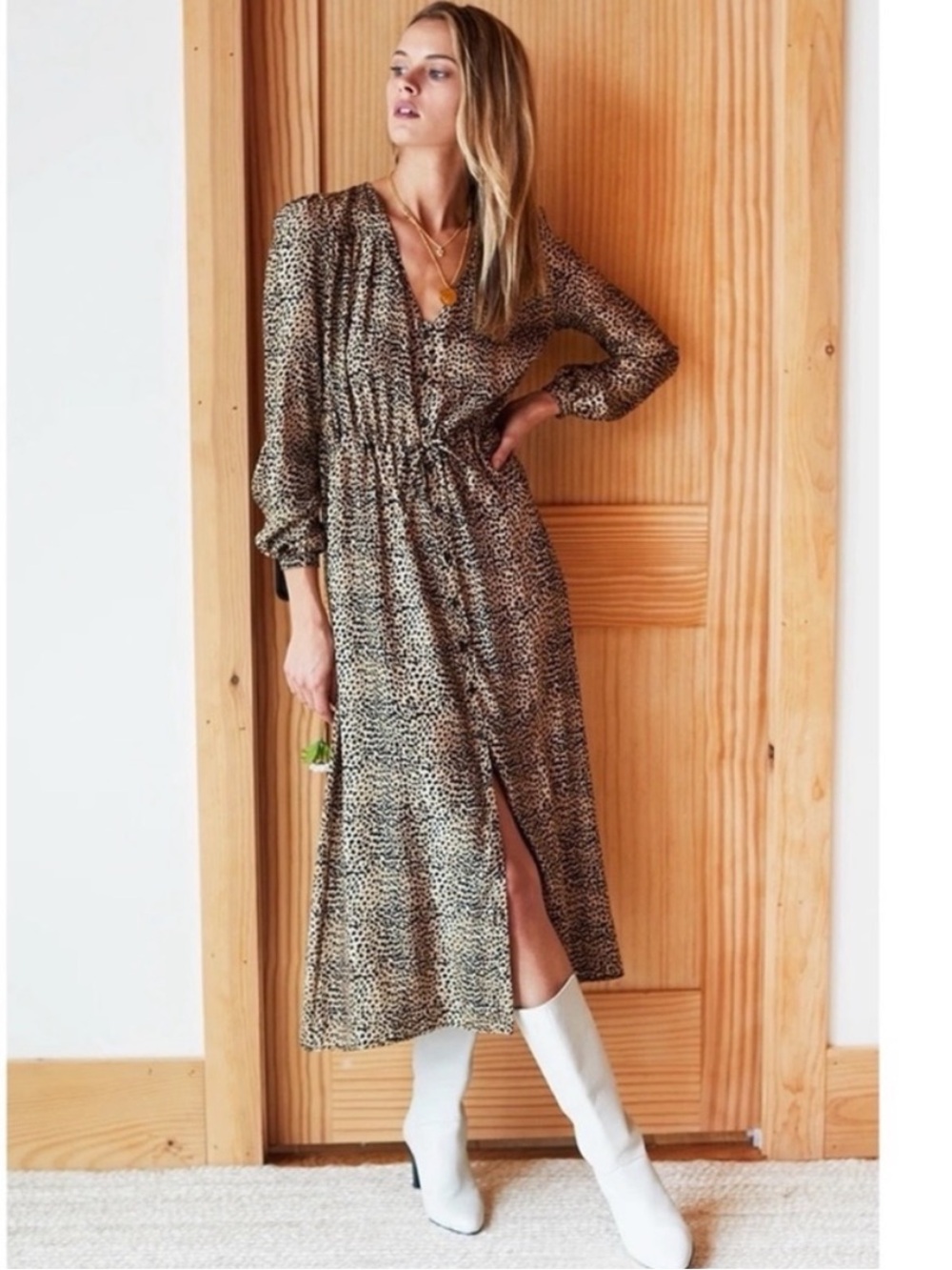Emerson Fry Dress May Midi Button Down in Silk Cheetah Print Brown Black